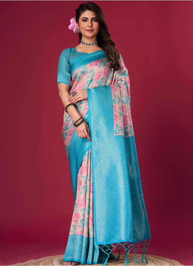 Pure Kubera Pattu Sky Blue Festival Wear Copper Zari Saree